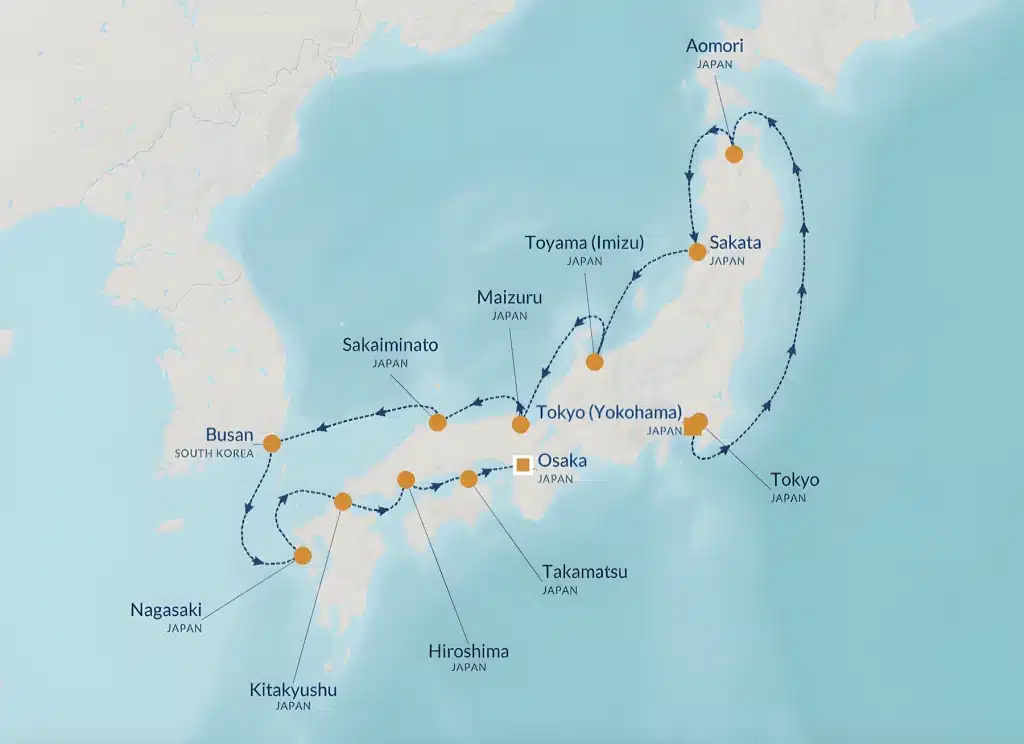 Cruise map of Japan from Tokyo (Yokohama) via Aomori, Sakata, Toyama, Maizuru, Busan, Nagasaki, Hiroshima and Takamatsu to Osaka.
