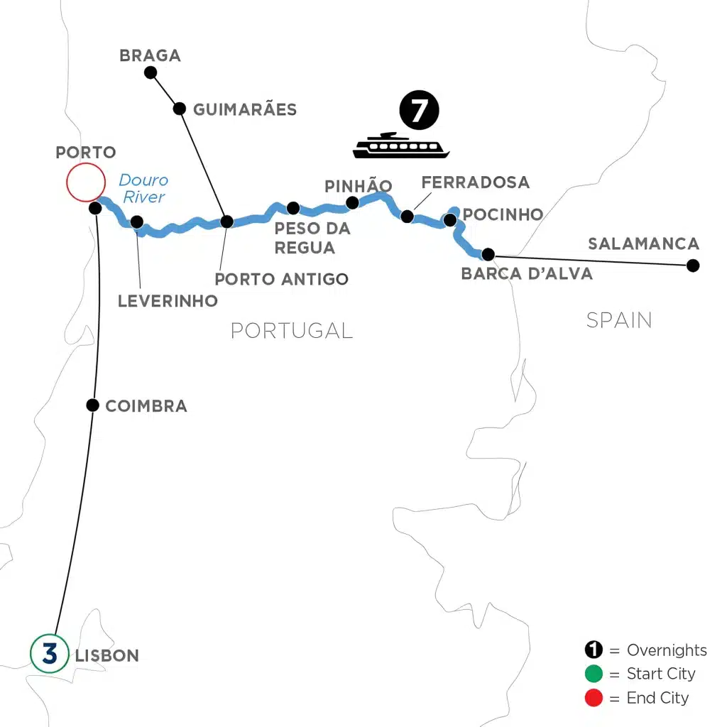 Tour map from Lisbon via Coimbra to the Douro River, cruising past Pinhão, Pocinho and Barca d'Alva with trips to Salamanca and Guimarães, ending in Porto.