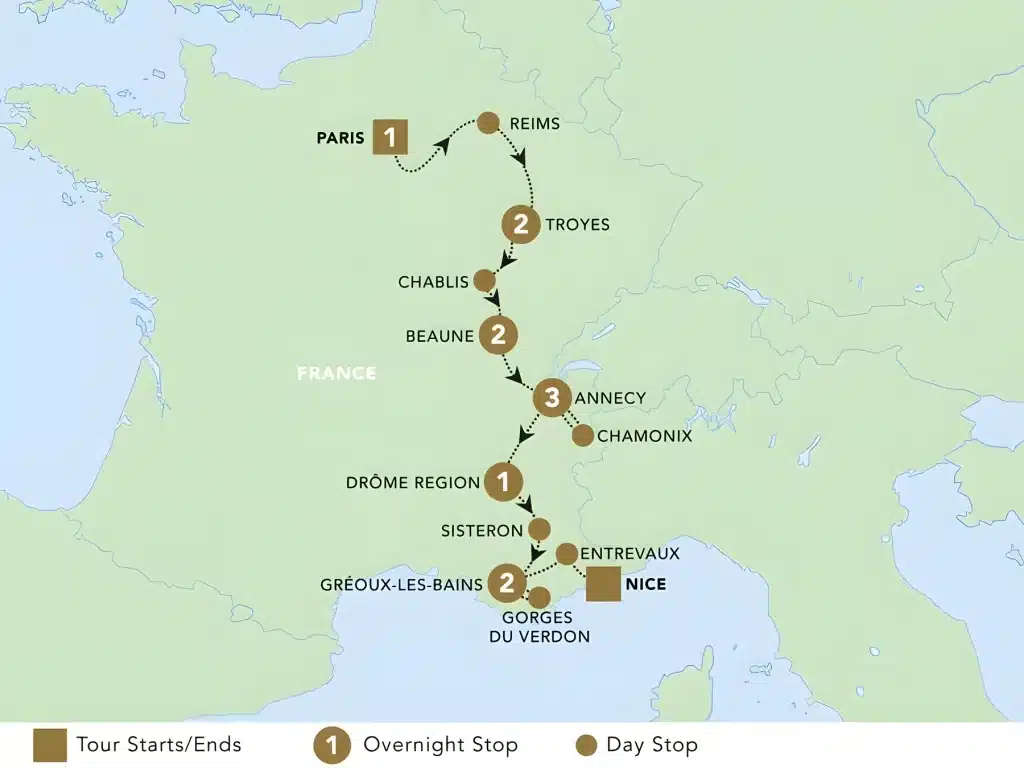 Tour map of France from Paris via Reims, Troyes, Chablis, Beaune, Annecy, Chamonix, Sisteron and Gréoux-les-Bains to Nice.