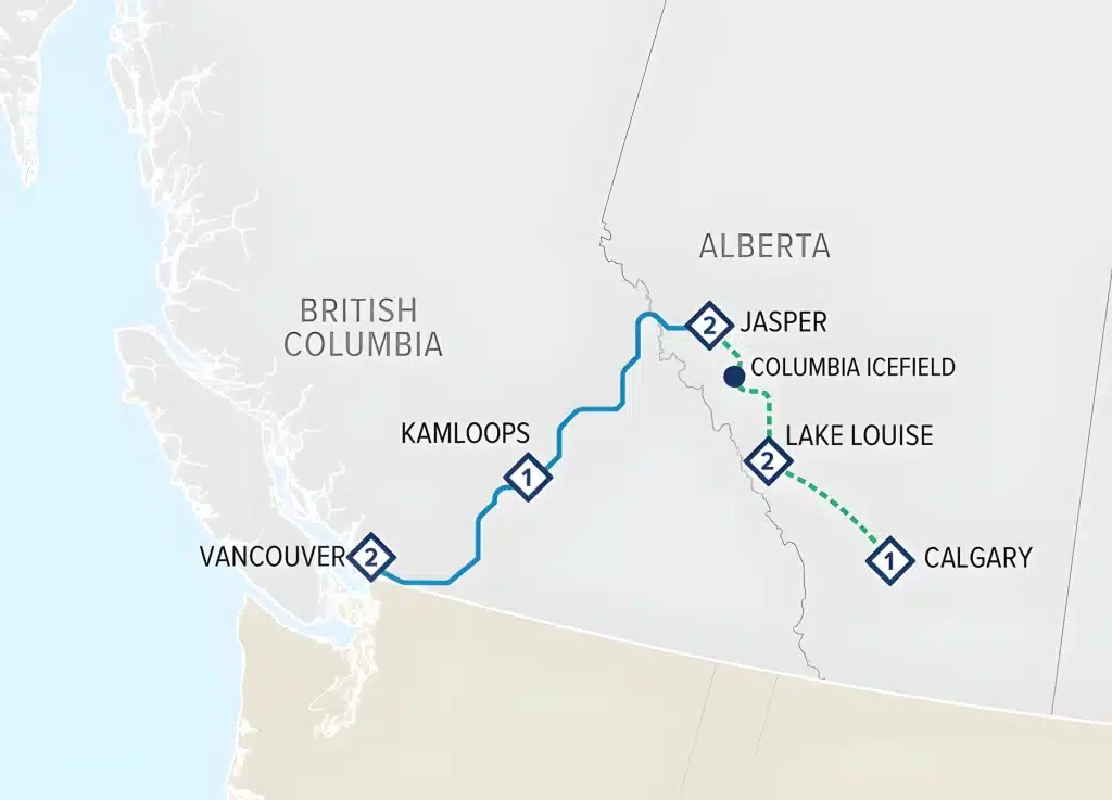Rail and tour map of western Canada from Vancouver via Kamloops to Jasper, then by Columbia Icefield and Lake Louise to Calgary.