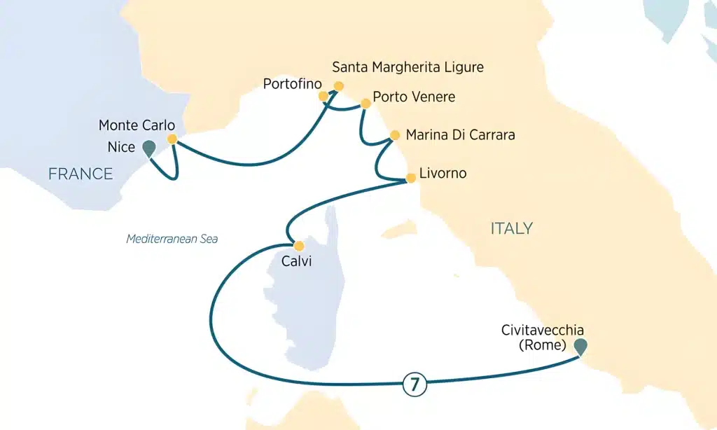 Cruise map from Nice via Monte Carlo, Portofino, Porto Venere, Livorno and Calvi to Civitavecchia (Rome) on the Mediterranean.