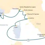 Cruise map from Nice via Monte Carlo, Portofino, Porto Venere, Livorno and Calvi to Civitavecchia (Rome) on the Mediterranean.