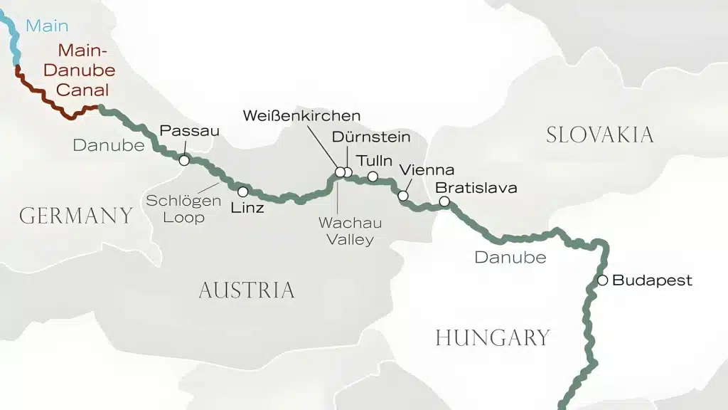 River cruise map of the Danube from the Main-Danube Canal via Passau, Linz, Dürnstein, Vienna and Bratislava to Budapest.