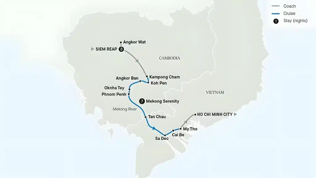 Tour map from Siem Reap and Angkor Wat by coach to Kampong Cham, then a Mekong River cruise via Phnom Penh, Tan Chau and Sa Dec to Ho Chi Minh City.
