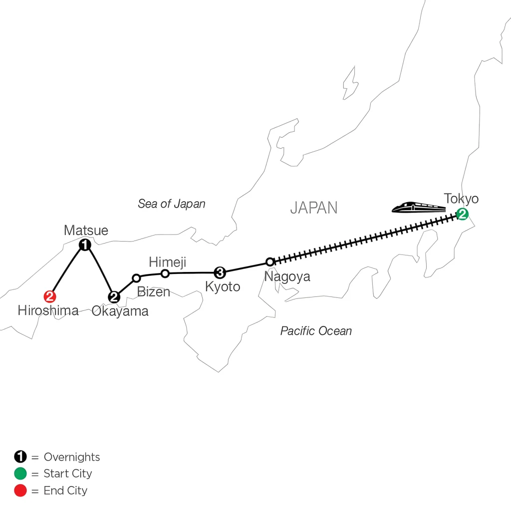 Map of Japan showing a rail route from Tokyo to Hiroshima via Kyoto, Okayama and Matsue.