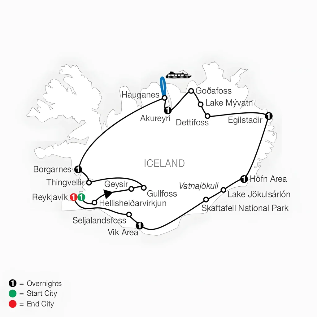 Itinerary map of Iceland with stops including Reykjavik, Geysir, Gullfoss, Hofn and Akureyri.