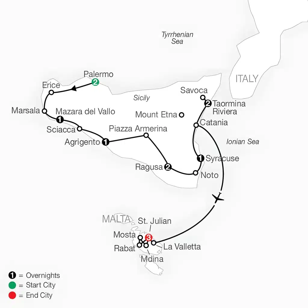 Tour map of Sicily and Malta from Palermo via Erice, Agrigento, Ragusa, Syracuse and Taormina, then a flight from Catania to St. Julian's, Malta.