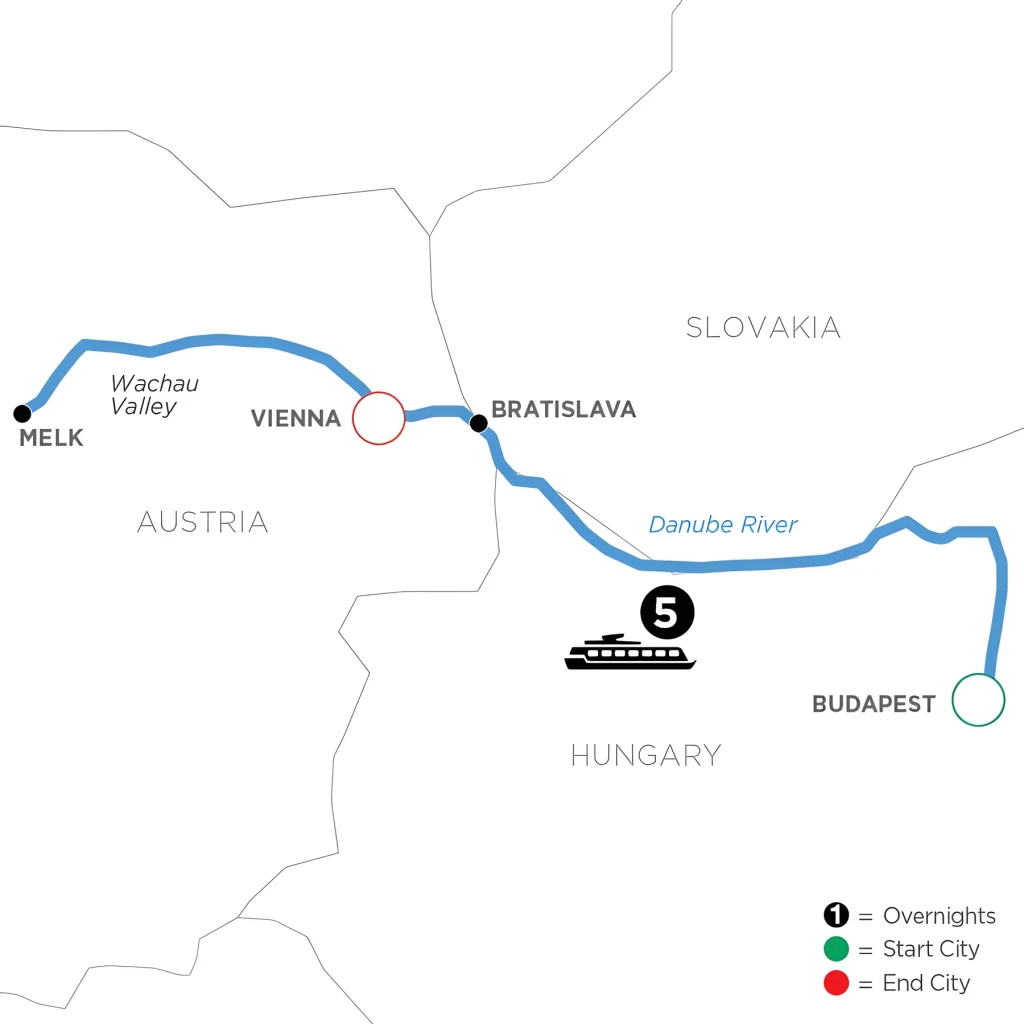 River cruise map along the Danube from Budapest via Bratislava and Melk in the Wachau Valley to Vienna.