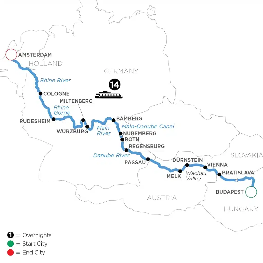 River cruise map from Budapest via Vienna, Passau, Regensburg, Nuremberg, Würzburg, Rüdesheim and Cologne to Amsterdam on the Danube, Main and Rhine.