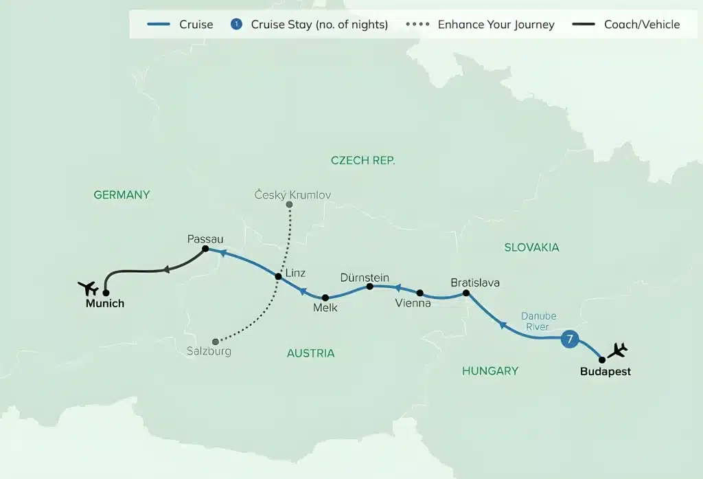 River cruise map along the Danube from Budapest via Bratislava, Vienna, Dürnstein, Melk and Linz to Passau, then by coach to Munich.