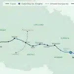River cruise map along the Danube from Budapest via Bratislava, Vienna, Dürnstein, Melk and Linz to Passau, then by coach to Munich.
