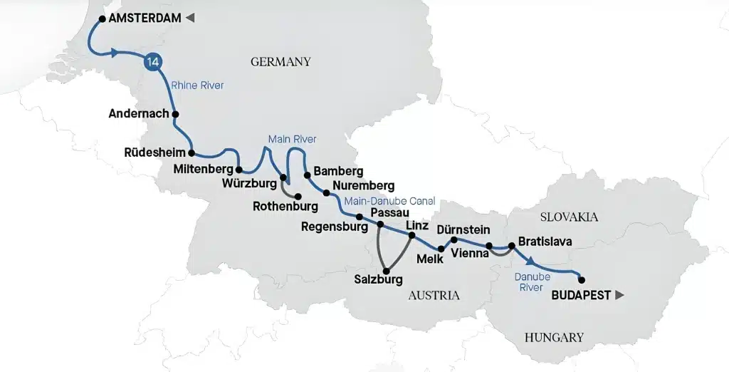 River cruise map from Amsterdam via Cologne, Rüdesheim, Würzburg, Nuremberg, Regensburg, Passau, Vienna and Bratislava to Budapest on the Rhine, Main and Danube.