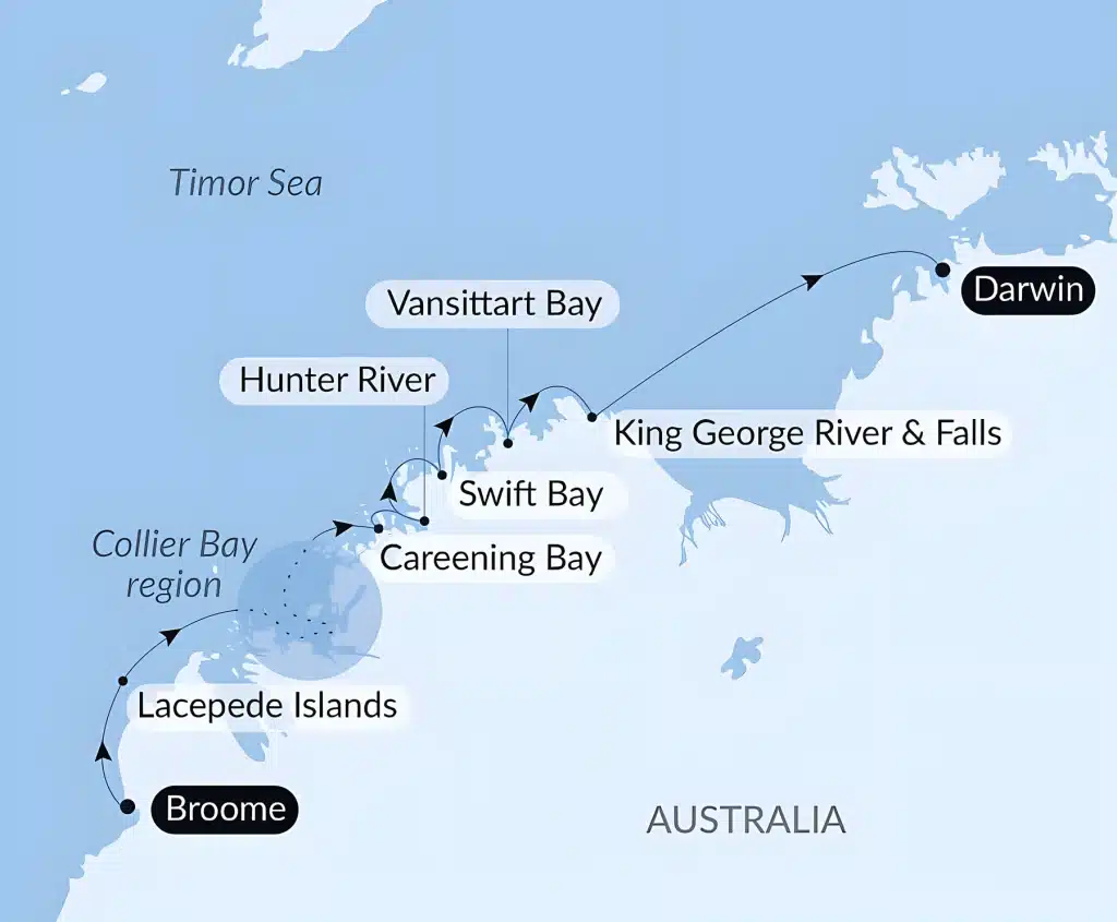 Cruise map of the Kimberley coast from Broome via the Lacepede Islands, Collier Bay, Careening Bay, Swift Bay and King George River to Darwin.