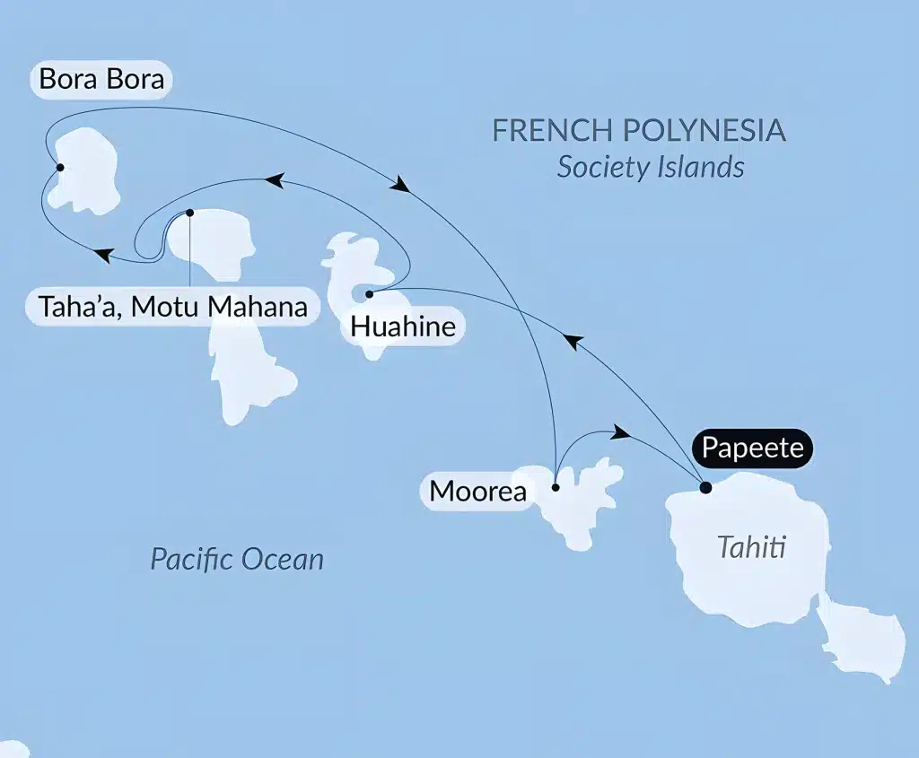 Map of French Polynesia showing a cruise route through Papeete, Moorea, Huahine, Taha'a and Bora Bora.