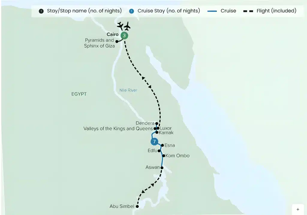 Route map of Egypt from Cairo through Luxor, Aswan and Abu Simbel along the Nile, with a 7-night cruise.