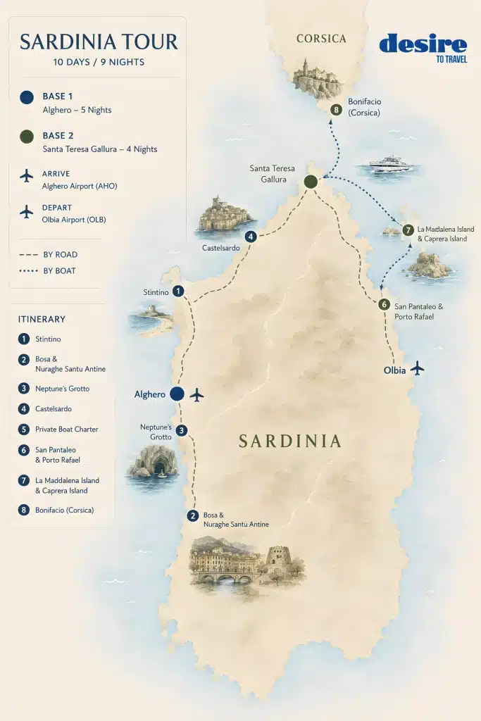 Illustrated tour map of Sardinia from Alghero via Stintino, Neptune's Grotto, Bosa, Castelsardo and Santa Teresa Gallura to La Maddalena, Bonifacio and Olbia.