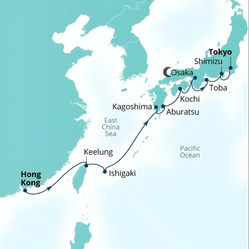 Cruise map from Hong Kong via Keelung, Ishigaki, Kagoshima, Aburatsu, Kochi, Osaka, Toba and Shimizu to Tokyo.