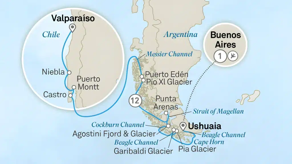 Map of Chile and Patagonia cruise route from Valparaiso through Messier Channel and Punta Arenas to Ushuaia.