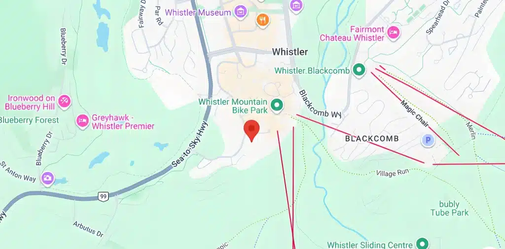 Street map of Whistler village showing Whistler Blackcomb, Whistler Mountain Bike Park, Blackcomb Way and the Sea-to-Sky Highway.