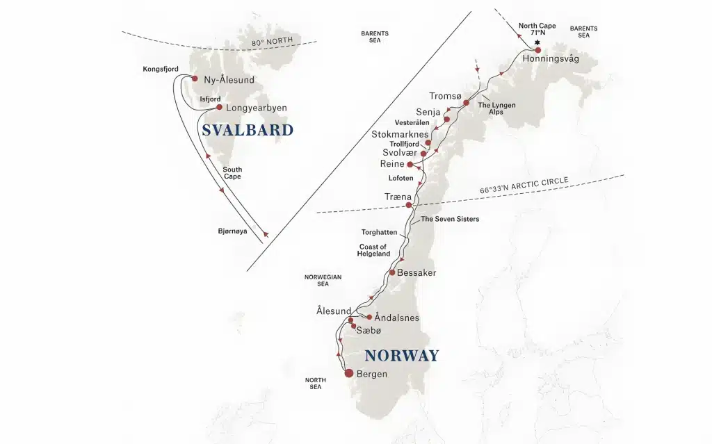 Cruise map of Norway and Svalbard from Bergen via Ålesund, Bessaker, Lofoten, Tromsø and Honningsvåg to Longyearbyen and Ny-Ålesund.