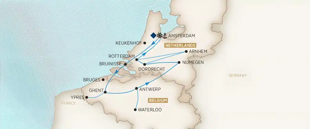 River cruise map of the Netherlands and Belgium from Amsterdam via Rotterdam, Ghent, Antwerp, Nijmegen and Dordrecht, with excursions to Ypres and Waterloo.