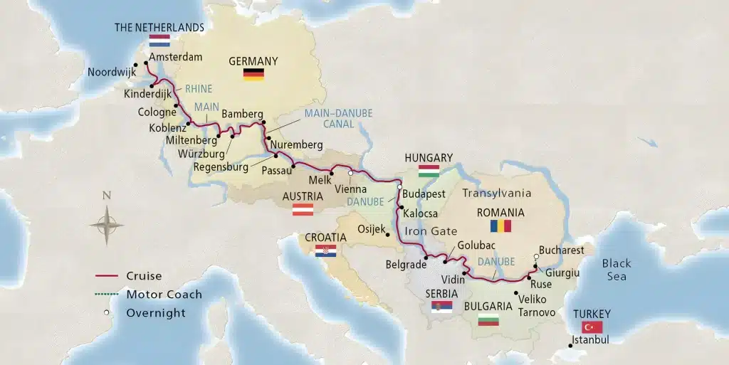 River cruise map between Amsterdam and Bucharest via Cologne, Nuremberg, Passau, Vienna, Budapest, Belgrade and the Iron Gate along the Rhine, Main and Danube.