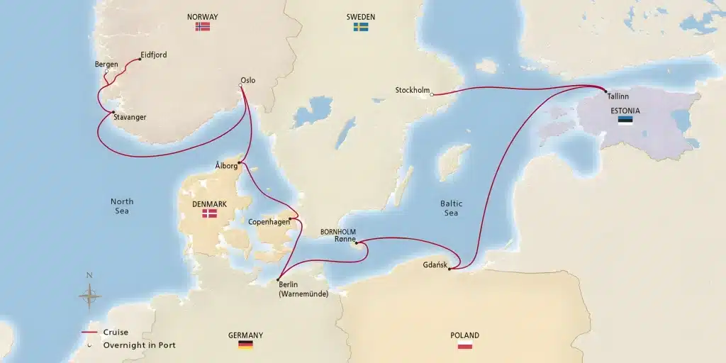Cruise map between Stockholm and Bergen via Tallinn, Gdańsk, Rønne, Berlin (Warnemünde), Copenhagen, Ålborg, Oslo and Stavanger.