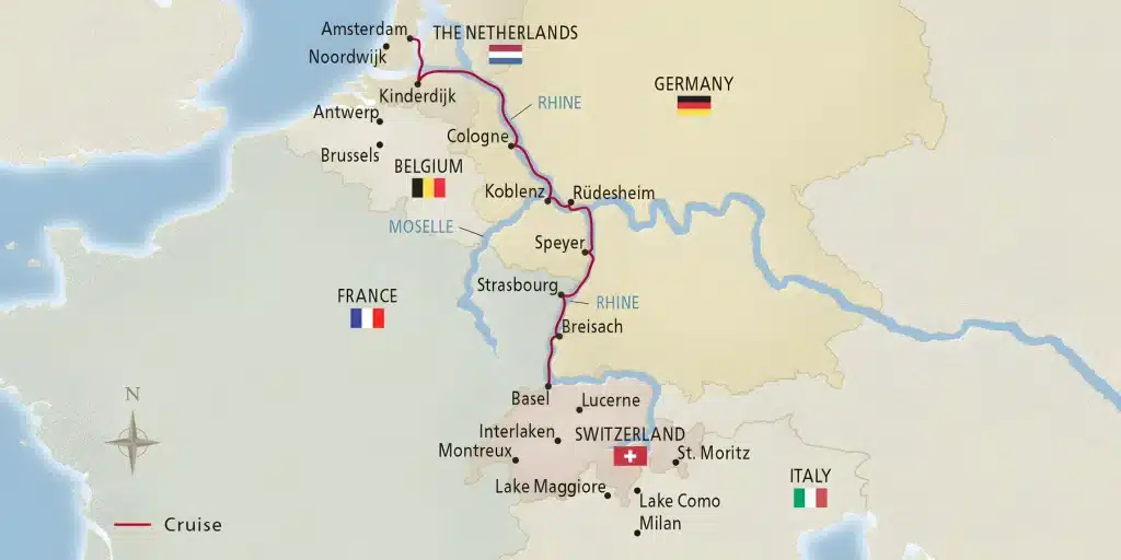 River cruise map of the Rhine between Amsterdam and Basel via Kinderdijk, Cologne, Koblenz, Rüdesheim, Speyer, Strasbourg and Breisach.