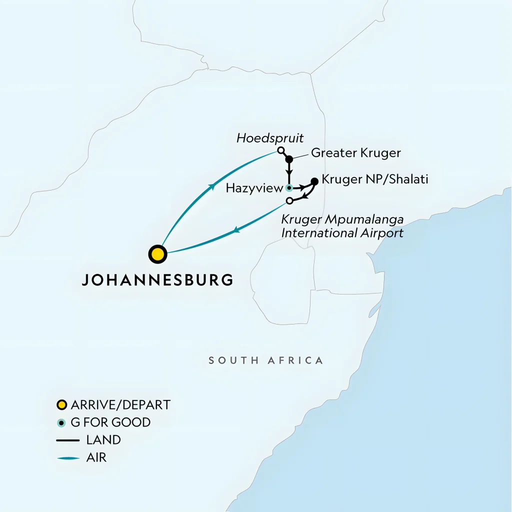 Tour map of South Africa looping from Johannesburg by air to Hoedspruit, overland via Greater Kruger, Hazyview and Kruger NP/Shalati, returning via Kruger Mpumalanga International Airport.