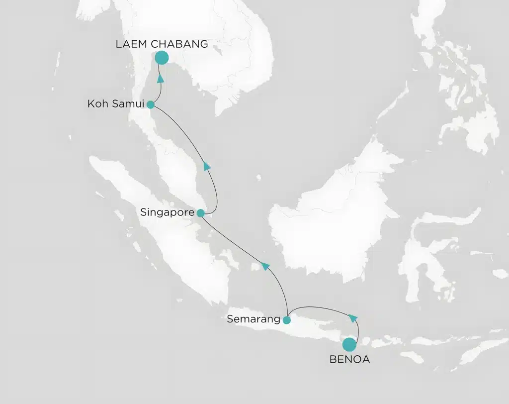 Cruise map from Benoa (Bali) via Semarang, Singapore and Koh Samui to Laem Chabang (Bangkok).