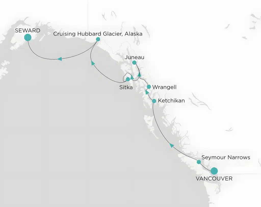 Map of an Alaska route from Vancouver to Seward with stops at Juneau, Sitka, Ketchikan and Hubbard Glacier.