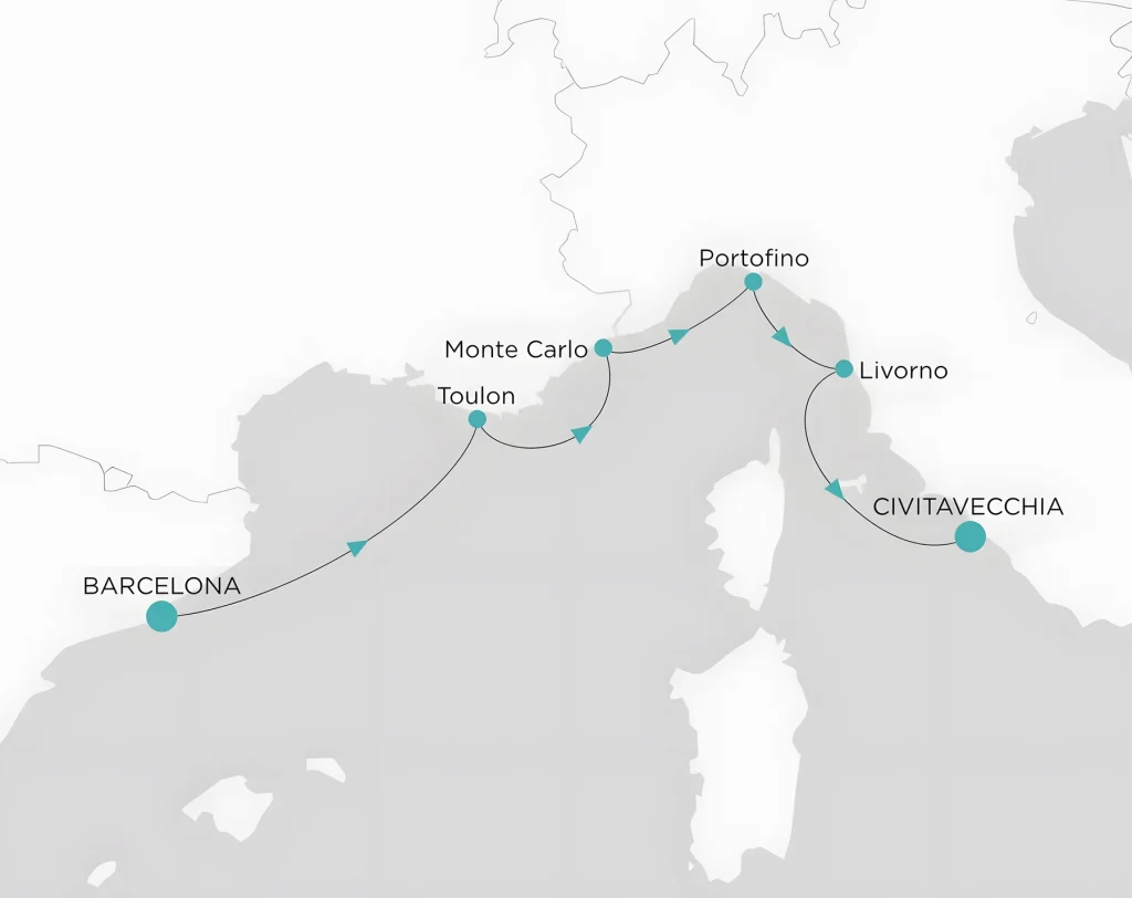 Map of a Mediterranean cruise route from Barcelona to Civita Vecchia with stops at Toulon, Monte Carlo, Portofino, and Livorno.