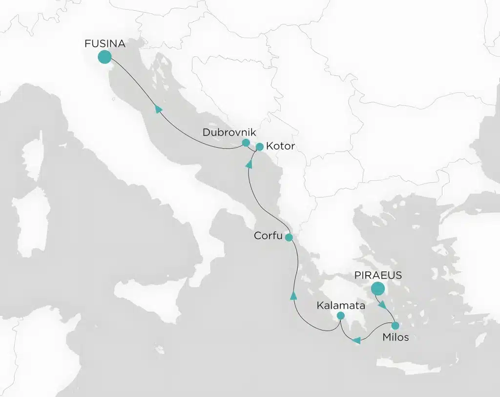 Cruise map from Piraeus (Athens) via Milos, Kalamata, Corfu, Kotor and Dubrovnik to Fusina (Venice).