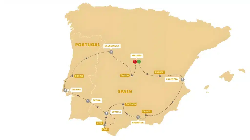 Tour map of Spain and Portugal looping from Madrid via Cuenca, Valencia, Granada, Córdoba, Seville, Cádiz, Évora, Lisbon, Fátima, Salamanca and Toledo.