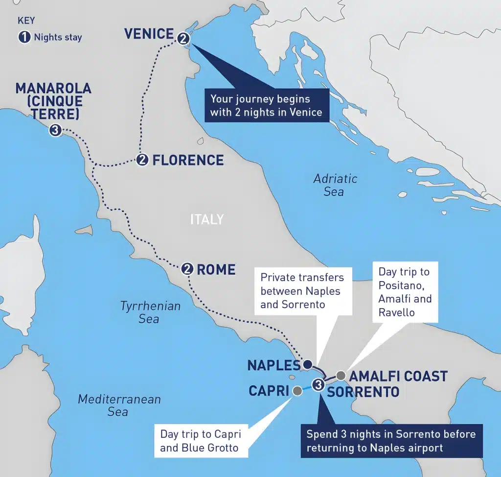 Rail tour map of Italy from Venice via Florence, Manarola (Cinque Terre), Rome and Naples to Sorrento, with day trips to Capri and the Amalfi Coast.