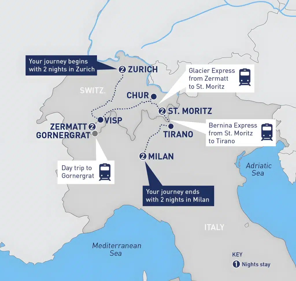 Rail tour map from Zurich via Visp, Zermatt and Gornergrat, then Glacier Express to St. Moritz and Bernina Express to Tirano, ending in Milan.