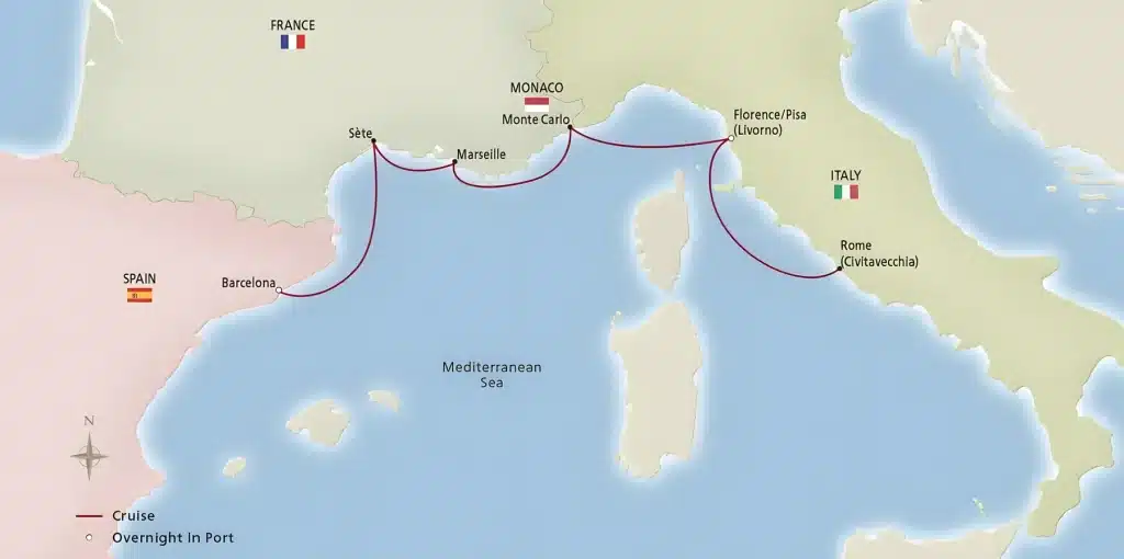 Cruise map from Barcelona via Sète, Marseille, Monte Carlo and Florence/Pisa (Livorno) to Rome (Civitavecchia).