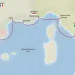 Cruise map from Barcelona via Sète, Marseille, Monte Carlo and Florence/Pisa (Livorno) to Rome (Civitavecchia).