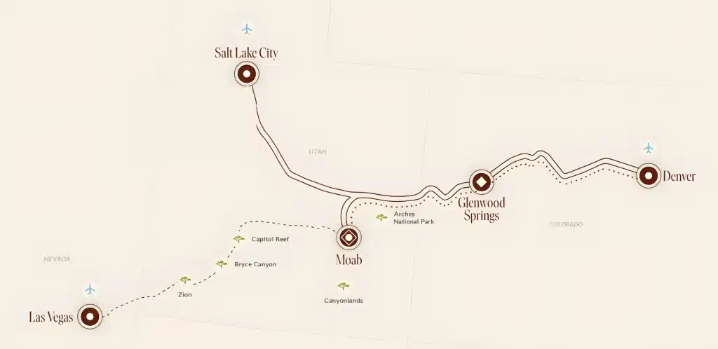 Rail tour map of the US West linking Las Vegas, Zion, Bryce Canyon, Capitol Reef, Moab, Glenwood Springs, Salt Lake City and Denver, with Arches and Canyonlands marked.