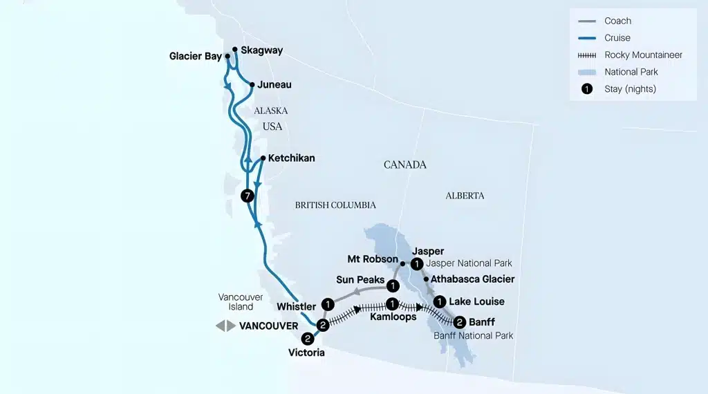 Map of a Canadian Rockies and Alaska journey from Vancouver via Whistler, Kamloops, Banff, Lake Louise and Jasper by coach and Rocky Mountaineer, plus a cruise to Ketchikan, Juneau, Skagway and Glacier Bay.