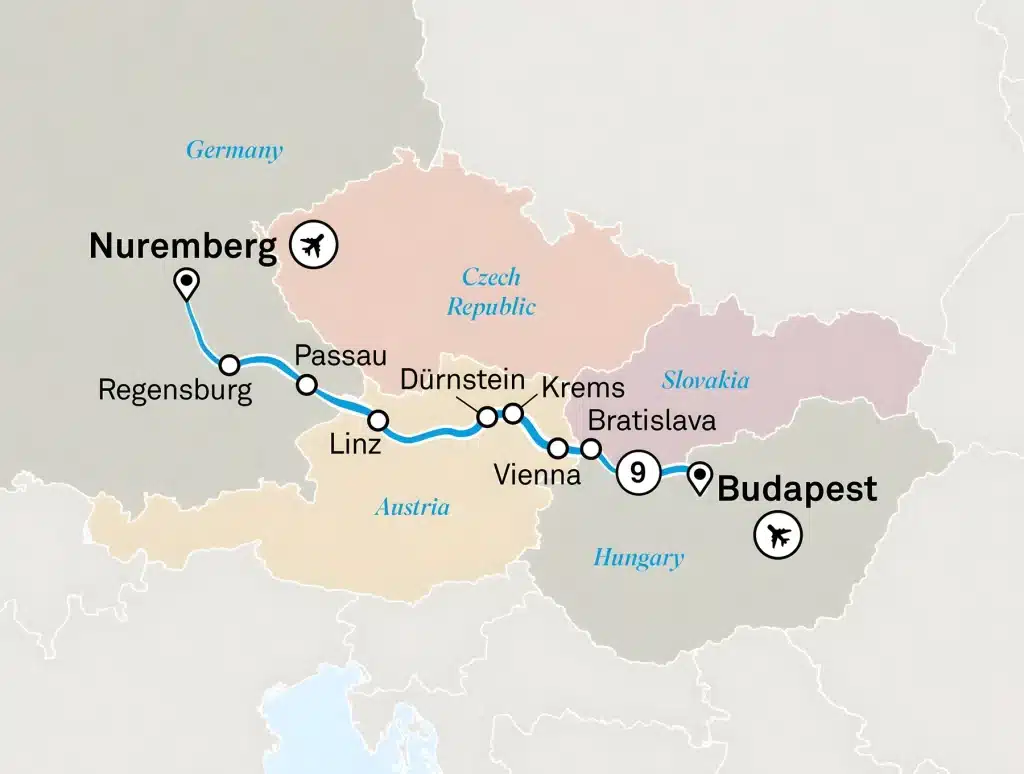 River cruise map along the Danube from Nuremberg via Regensburg, Passau, Linz, Dürnstein, Krems, Vienna and Bratislava to Budapest.