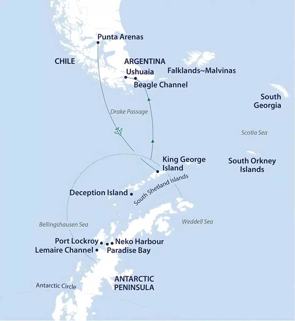 Antarctica map with a flight from Punta Arenas to King George Island, cruising Deception Island, Port Lockroy, Neko Harbour and Paradise Bay, returning to Ushuaia via the Beagle Channel.