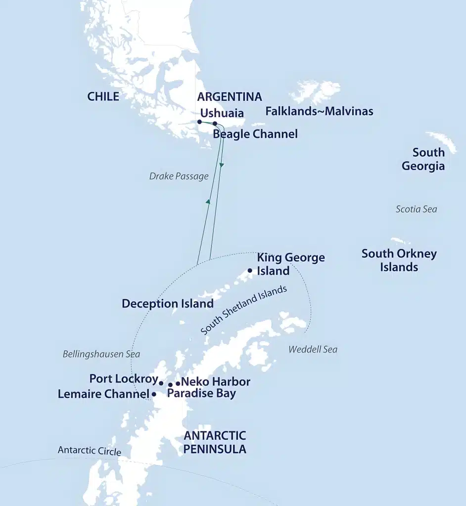 Cruise map from Ushuaia across the Drake Passage to the Antarctic Peninsula, visiting King George Island, Deception Island, Port Lockroy, Lemaire Channel, Paradise Bay and Neko Harbor.