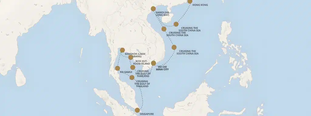 Cruise map linking Singapore and Hong Kong via Ko Samui, Bangkok (Laem Chabang), Koh Kut-Kood Island, Ho Chi Minh City and Hanoi (Ha Long Bay).