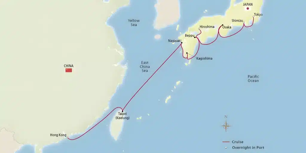 Cruise map from Hong Kong via Taipei (Keelung), Nagasaki, Kagoshima, Beppu, Hiroshima, Osaka and Shimizu to Tokyo.