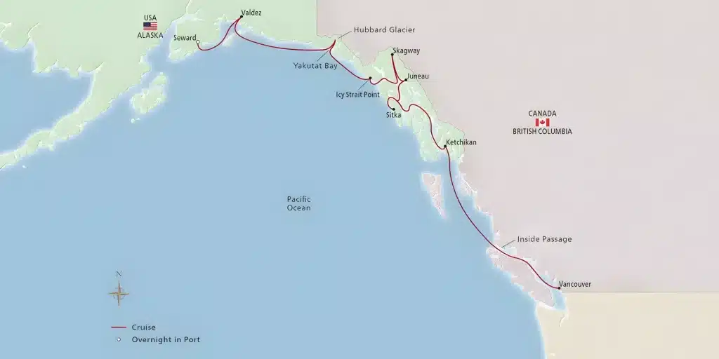 Cruise map from Vancouver through the Inside Passage via Ketchikan, Sitka, Juneau, Skagway, Icy Strait Point, Hubbard Glacier and Valdez to Seward.