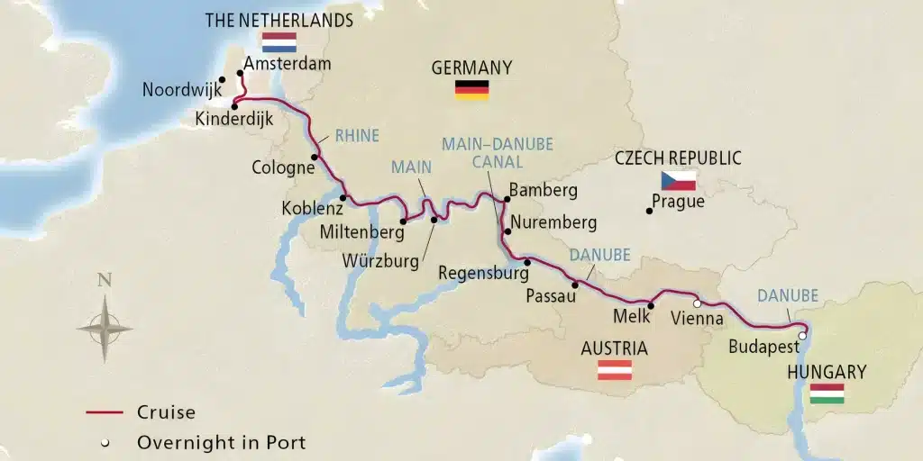 River cruise map from Amsterdam along the Rhine, Main and Danube via Kinderdijk, Cologne, Würzburg, Bamberg, Nuremberg, Regensburg, Passau and Vienna to Budapest.