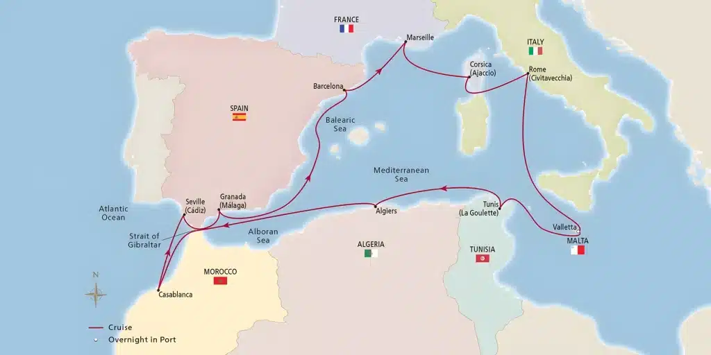 Mediterranean cruise map linking Barcelona, Marseille, Corsica (Ajaccio), Rome (Civitavecchia), Valletta, Tunis, Algiers, Granada (Málaga), Casablanca and Seville (Cádiz).