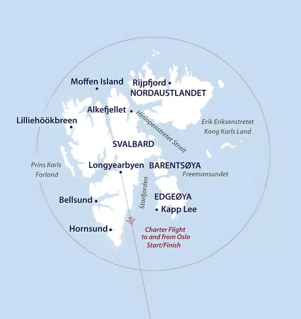 Cruise map of Svalbard from Longyearbyen, with a charter flight to and from Oslo, visiting Hornsund, Bellsund, Lilliehöökbreen, Moffen Island, Alkefjellet, Rijpfjord and Kapp Lee.