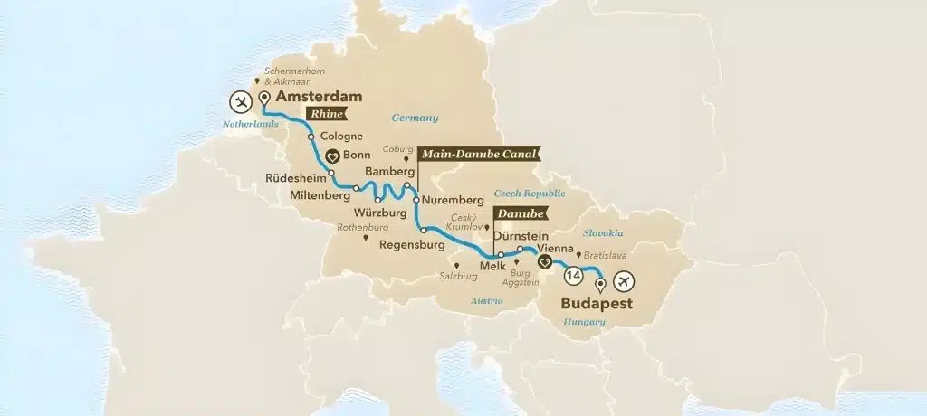 River cruise map from Amsterdam along the Rhine, Main and Danube via Cologne, Würzburg, Nuremberg, Regensburg and Vienna to Budapest.